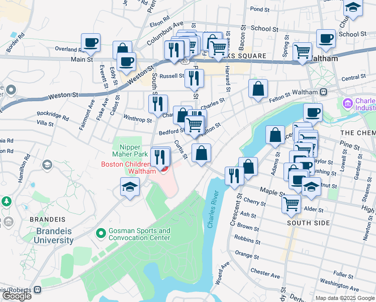 map of restaurants, bars, coffee shops, grocery stores, and more near 137 Prospect Street in Waltham