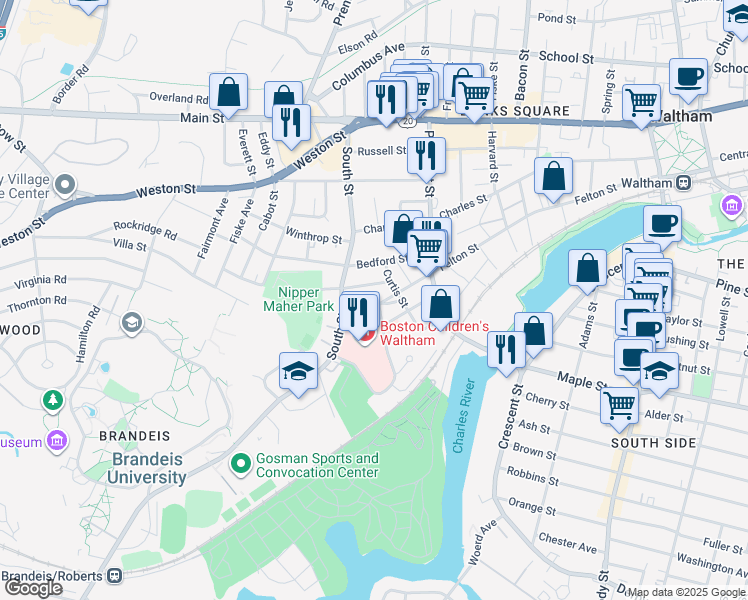 map of restaurants, bars, coffee shops, grocery stores, and more near 49 Highland Street in Waltham