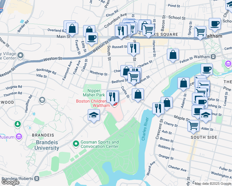 map of restaurants, bars, coffee shops, grocery stores, and more near 49 Highland Street in Waltham
