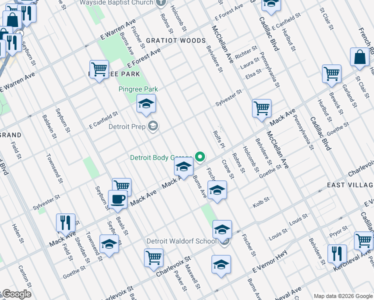map of restaurants, bars, coffee shops, grocery stores, and more near 3782 Burns Avenue in Detroit