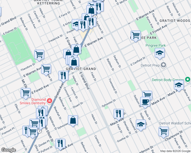 map of restaurants, bars, coffee shops, grocery stores, and more near 4421 Sheridan Street in Detroit