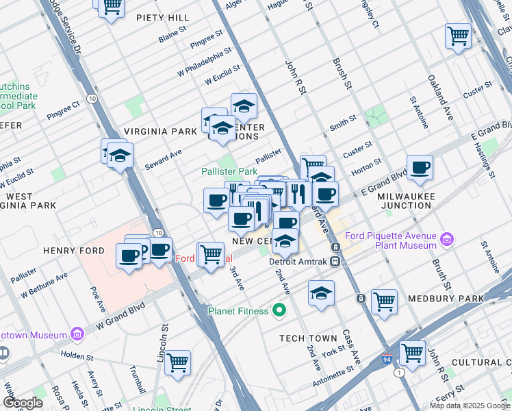 map of restaurants, bars, coffee shops, grocery stores, and more near 7409 2nd Avenue in Detroit