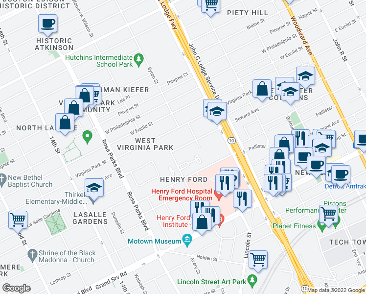 map of restaurants, bars, coffee shops, grocery stores, and more near 1400 Seward Avenue in Detroit
