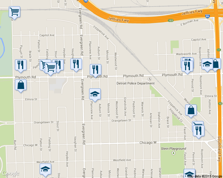 map of restaurants, bars, coffee shops, grocery stores, and more near 11360 Minock Street in Detroit