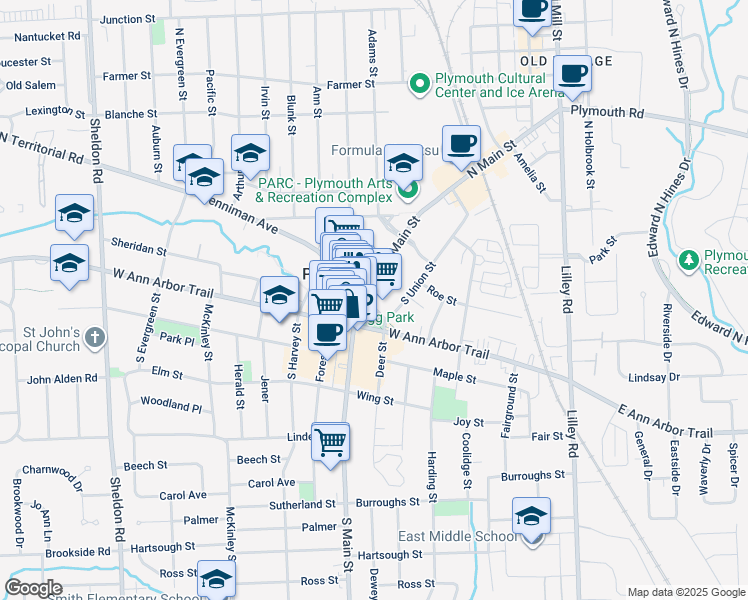 map of restaurants, bars, coffee shops, grocery stores, and more near 318 South Main Street in Plymouth