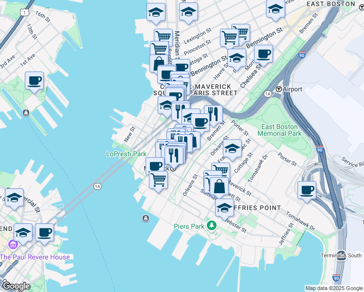 map of restaurants, bars, coffee shops, grocery stores, and more near in Boston
