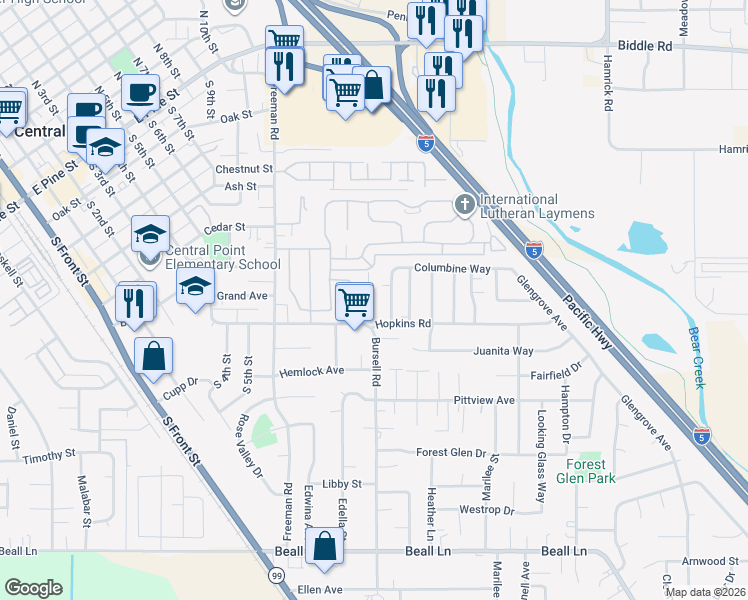 map of restaurants, bars, coffee shops, grocery stores, and more near 536 Gray Court in Central Point