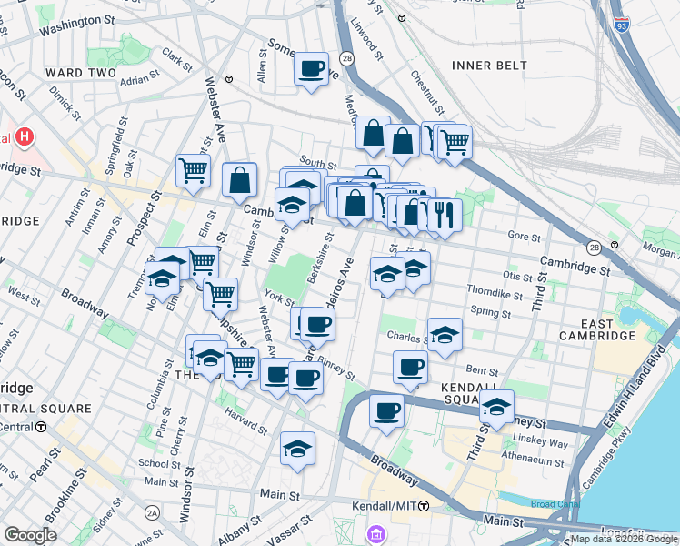 map of restaurants, bars, coffee shops, grocery stores, and more near 1 Marney Street in Cambridge