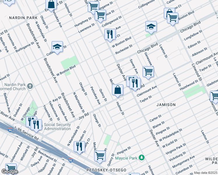 map of restaurants, bars, coffee shops, grocery stores, and more near 9300 Holmur Street in Detroit