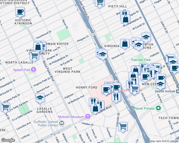 map of restaurants, bars, coffee shops, grocery stores, and more near 1323 Seward Avenue in Detroit