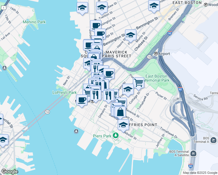 map of restaurants, bars, coffee shops, grocery stores, and more near 82 Bremen Street in Boston