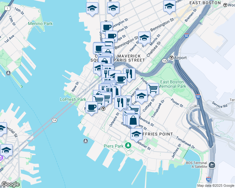 map of restaurants, bars, coffee shops, grocery stores, and more near 82 Bremen Street in Boston