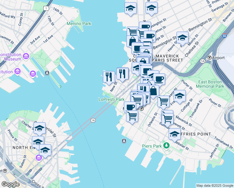 map of restaurants, bars, coffee shops, grocery stores, and more near 62 Sumner Street in Boston