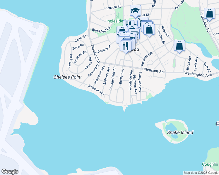 map of restaurants, bars, coffee shops, grocery stores, and more near 191 Cottage Park Road in Winthrop