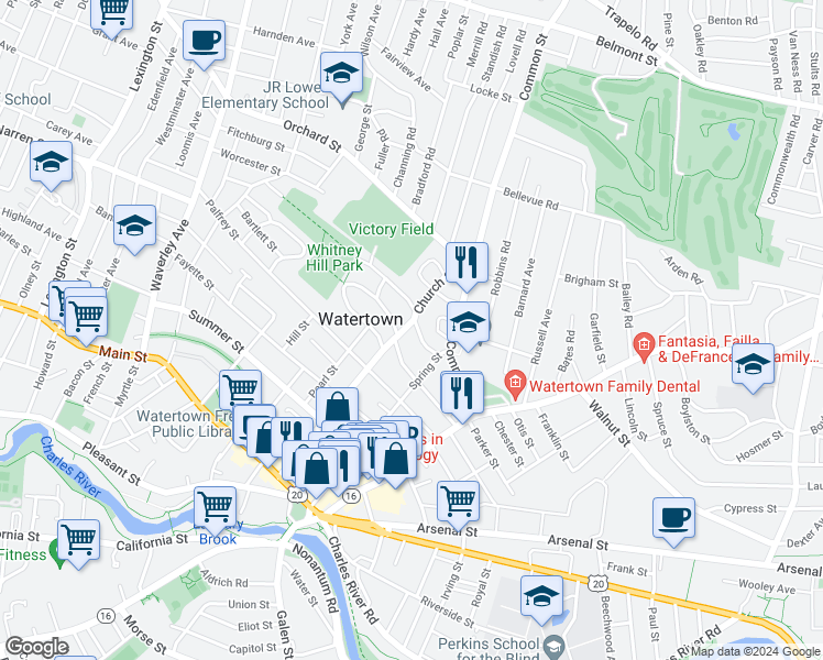 map of restaurants, bars, coffee shops, grocery stores, and more near 26 Marion Road in Watertown
