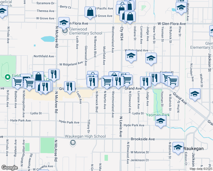map of restaurants, bars, coffee shops, grocery stores, and more near 2040 Grand Avenue in Waukegan