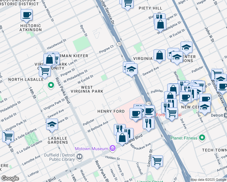 map of restaurants, bars, coffee shops, grocery stores, and more near 1323 Seward Avenue in Detroit