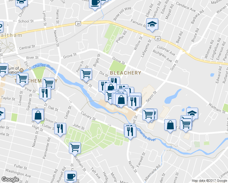 map of restaurants, bars, coffee shops, grocery stores, and more near 192 Willow Street in Waltham