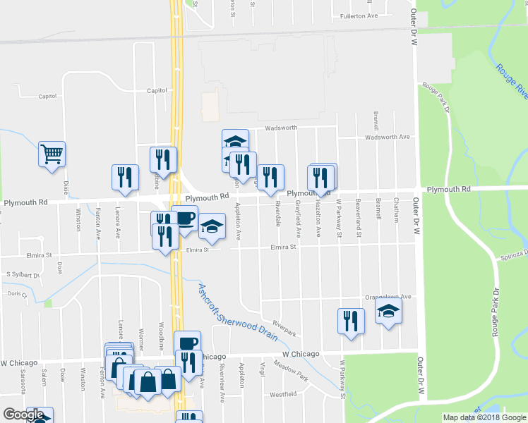 map of restaurants, bars, coffee shops, grocery stores, and more near 11416 Virgil in Redford Charter Township