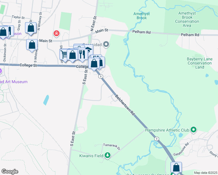 map of restaurants, bars, coffee shops, grocery stores, and more near 97 Massachusetts 9 in Amherst