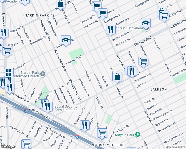 map of restaurants, bars, coffee shops, grocery stores, and more near 9375 Petoskey Avenue in Detroit