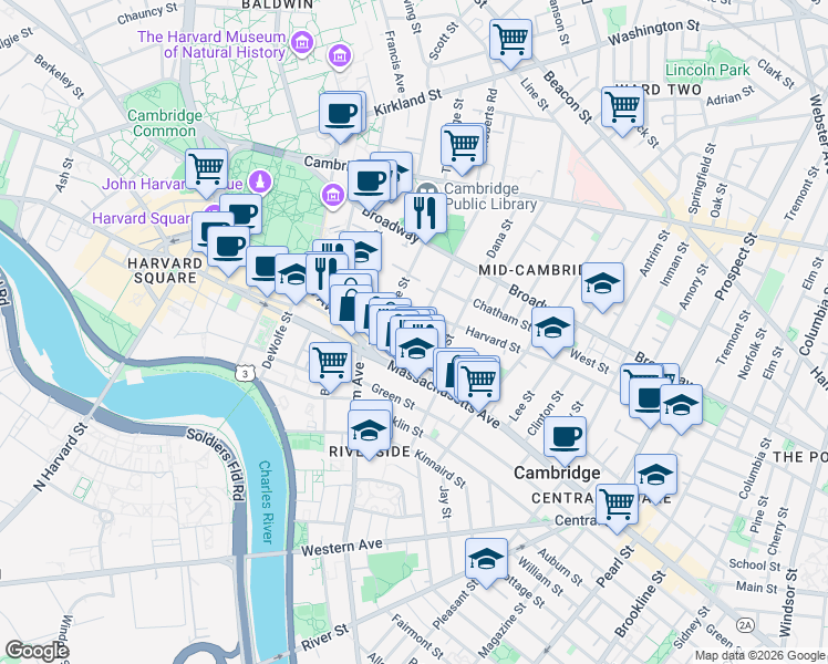 map of restaurants, bars, coffee shops, grocery stores, and more near 21 Ellery St in Mid-Cambridge
