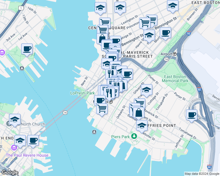 map of restaurants, bars, coffee shops, grocery stores, and more near 106 Maverick Street in Boston