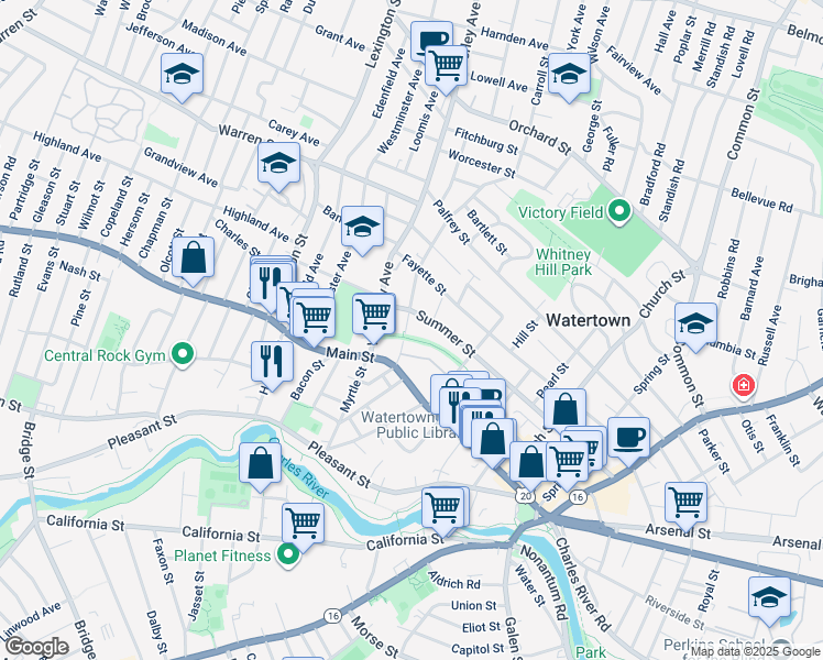 map of restaurants, bars, coffee shops, grocery stores, and more near 25 Forest Street in Watertown