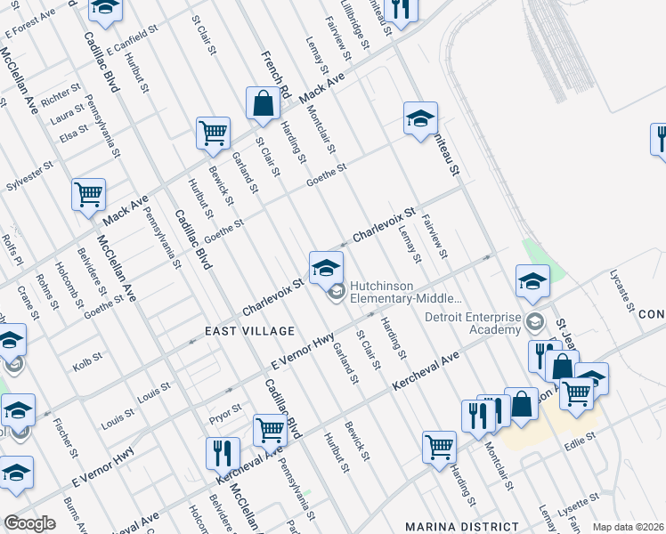 map of restaurants, bars, coffee shops, grocery stores, and more near 2644 Saint Clair Street in Detroit