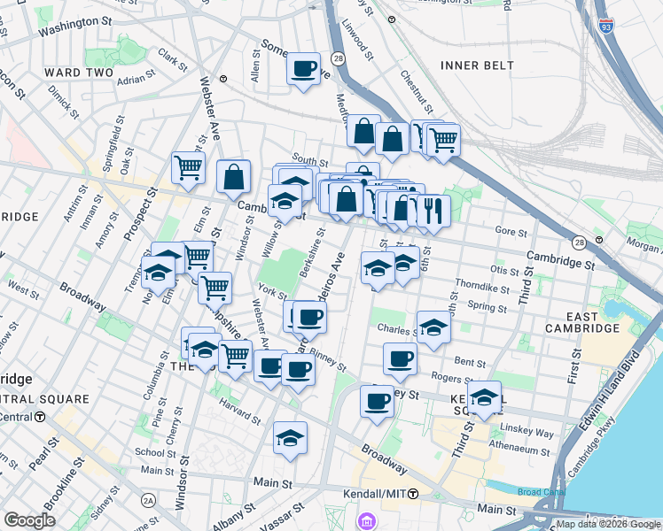 map of restaurants, bars, coffee shops, grocery stores, and more near 1 Marney Street in Cambridge