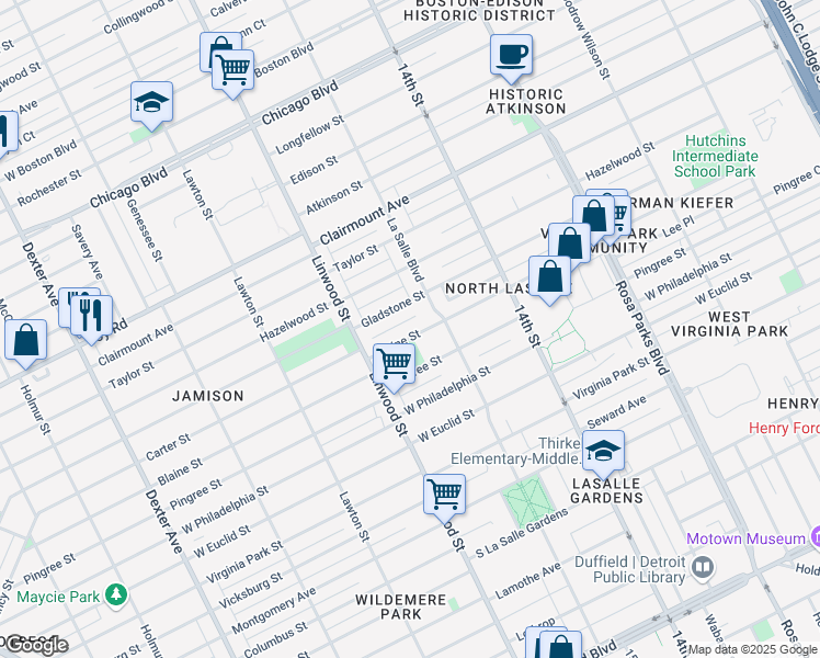 map of restaurants, bars, coffee shops, grocery stores, and more near 2468 Blaine Street in Detroit