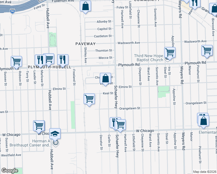 map of restaurants, bars, coffee shops, grocery stores, and more near 13639 Elmira Street in Detroit