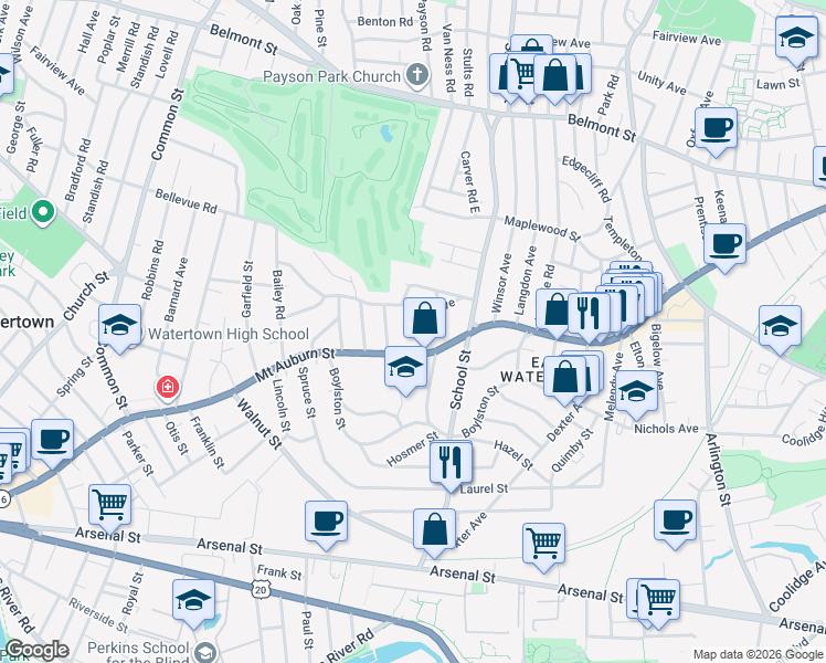 map of restaurants, bars, coffee shops, grocery stores, and more near 18 Adams Avenue in Watertown