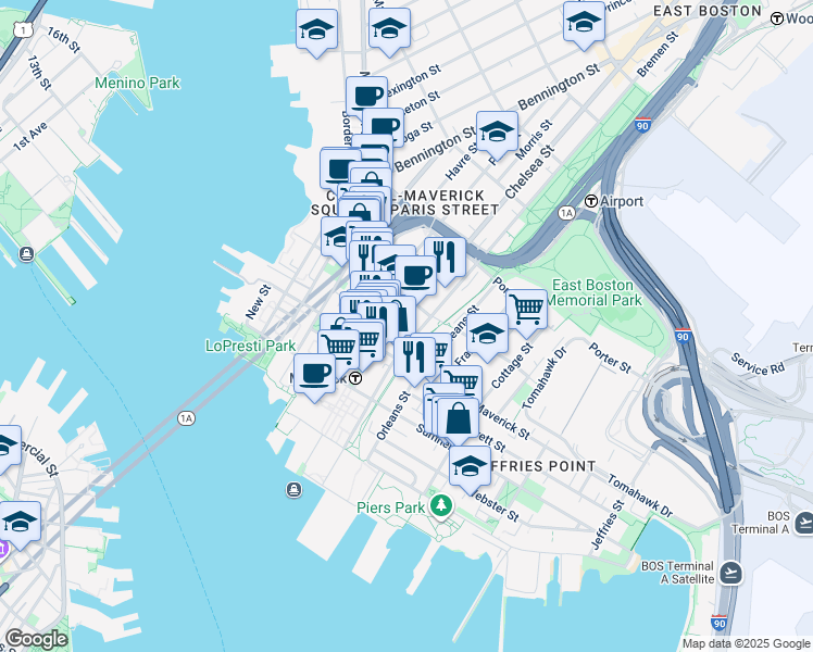 map of restaurants, bars, coffee shops, grocery stores, and more near 82 Bremen Street in Boston