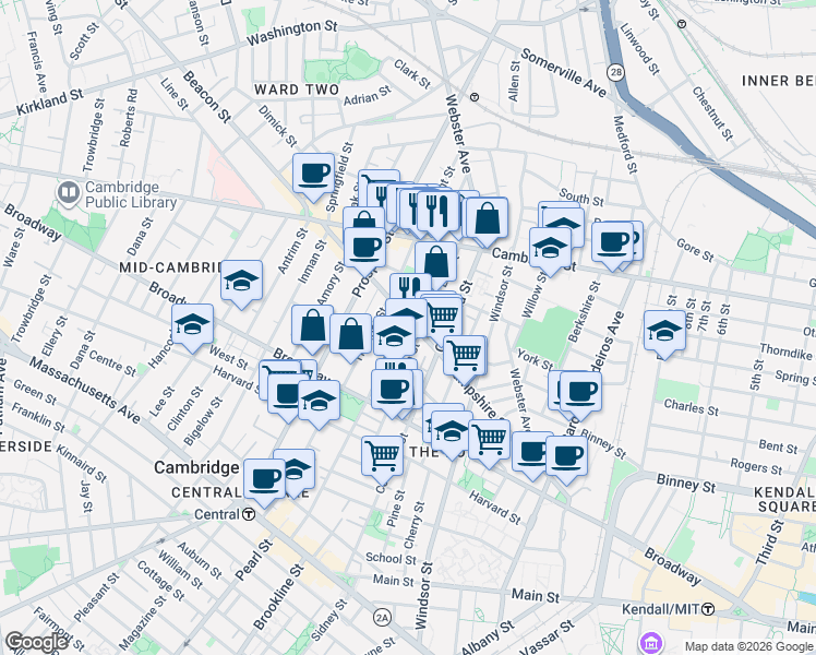 map of restaurants, bars, coffee shops, grocery stores, and more near 132 Hampshire Street in Cambridge