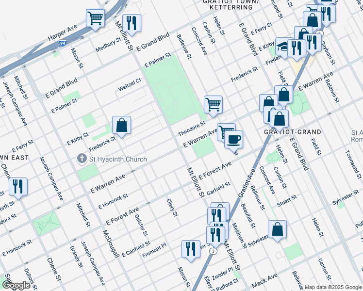 map of restaurants, bars, coffee shops, grocery stores, and more near 5003 Mount Elliott Street in Detroit