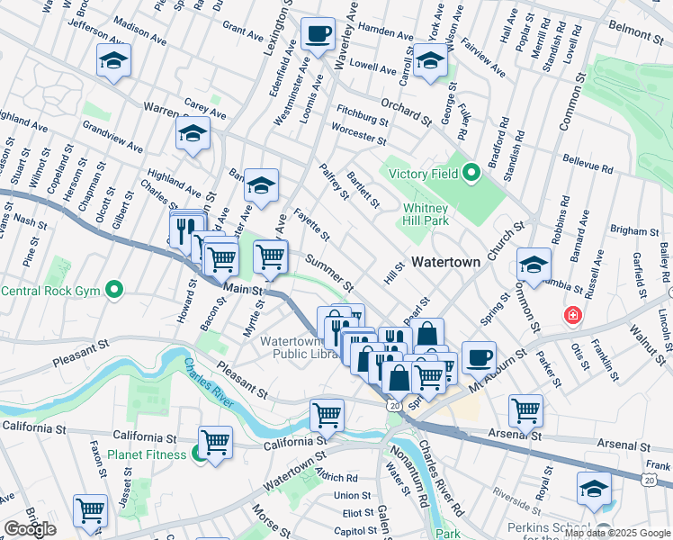 map of restaurants, bars, coffee shops, grocery stores, and more near 183 Summer Street in Watertown