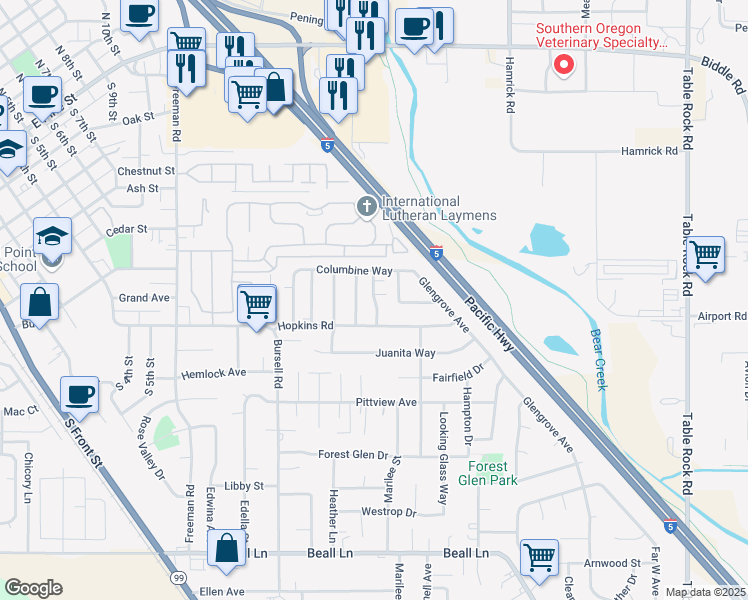 map of restaurants, bars, coffee shops, grocery stores, and more near 545 Village Drive in Central Point