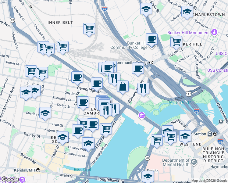 map of restaurants, bars, coffee shops, grocery stores, and more near 2 Leighton Street in Cambridge
