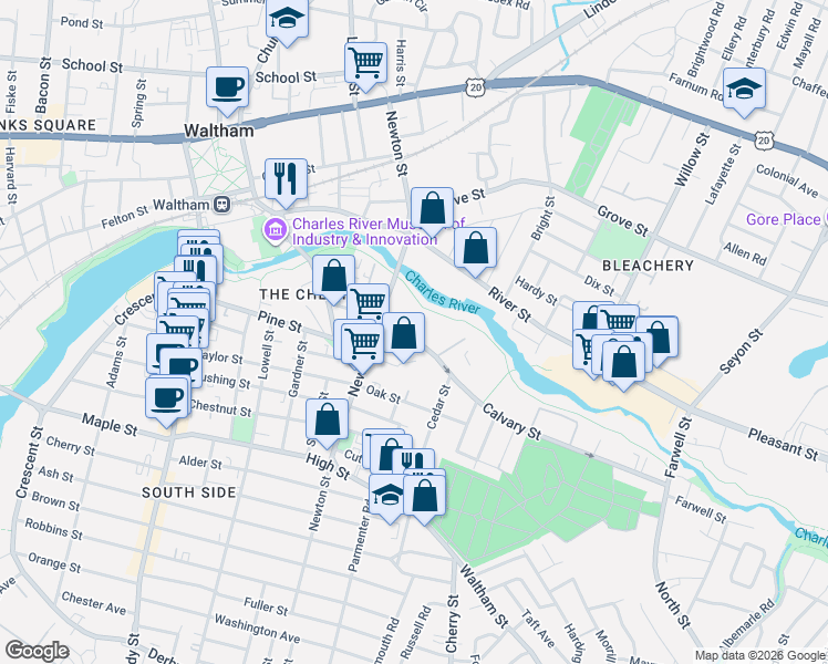 map of restaurants, bars, coffee shops, grocery stores, and more near 44 Calvary Street in Waltham