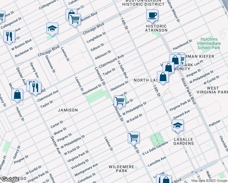 map of restaurants, bars, coffee shops, grocery stores, and more near 2531 Gladstone Street in Detroit