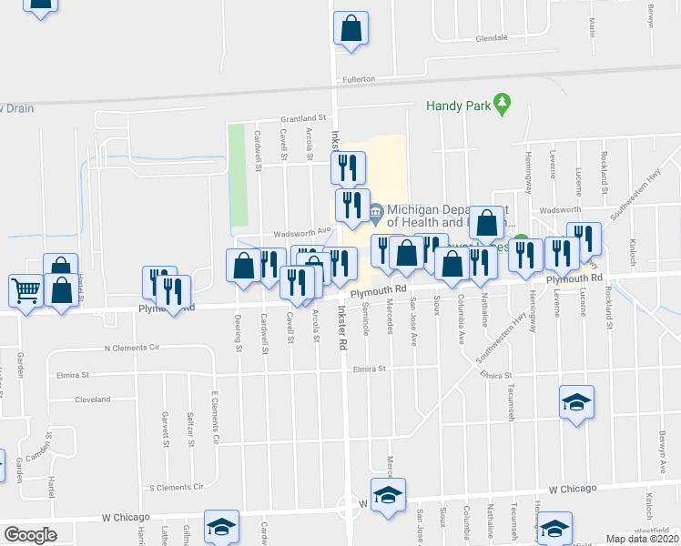 map of restaurants, bars, coffee shops, grocery stores, and more near 11716 Inkster Road in Redford Charter Township