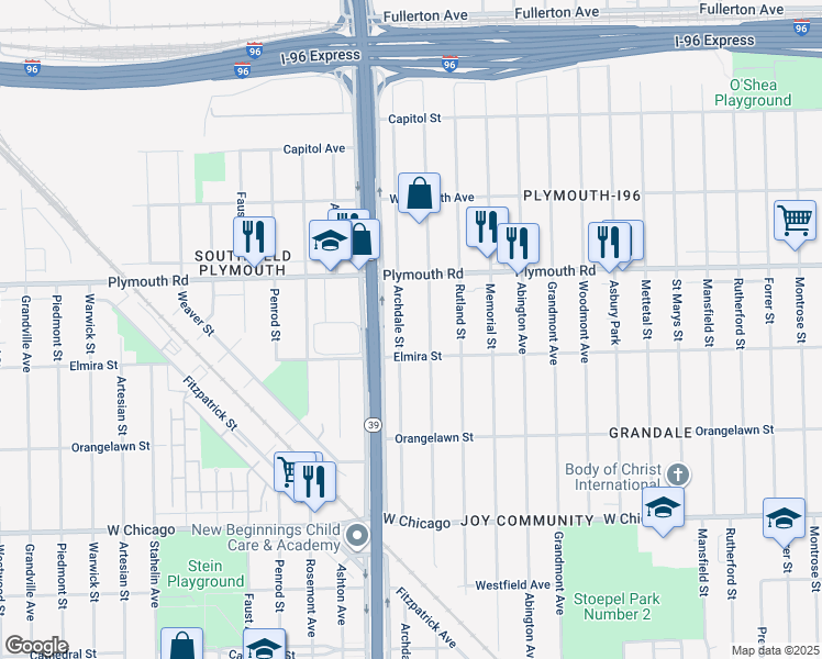 map of restaurants, bars, coffee shops, grocery stores, and more near 11334 Archdale Street in Detroit