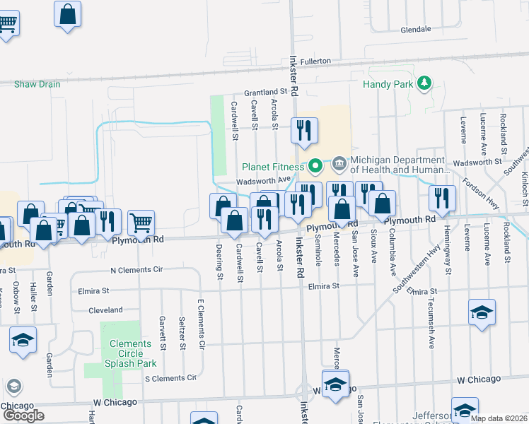map of restaurants, bars, coffee shops, grocery stores, and more near 11695 Cavell Street in Livonia