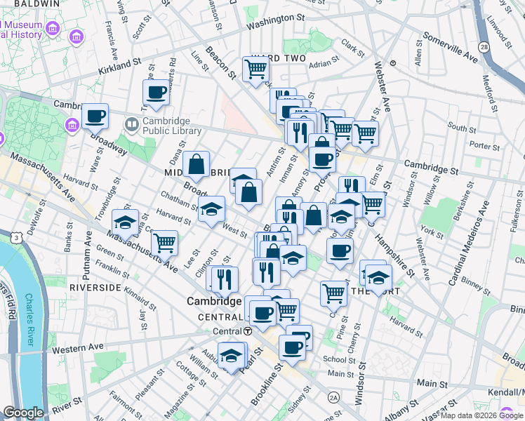 map of restaurants, bars, coffee shops, grocery stores, and more near 345 Broadway in Cambridge