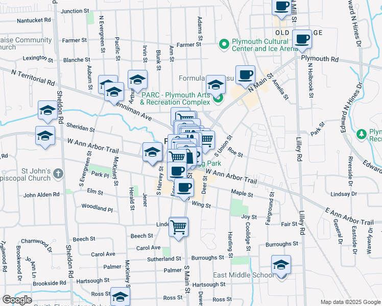 map of restaurants, bars, coffee shops, grocery stores, and more near 318 South Main Street in Plymouth