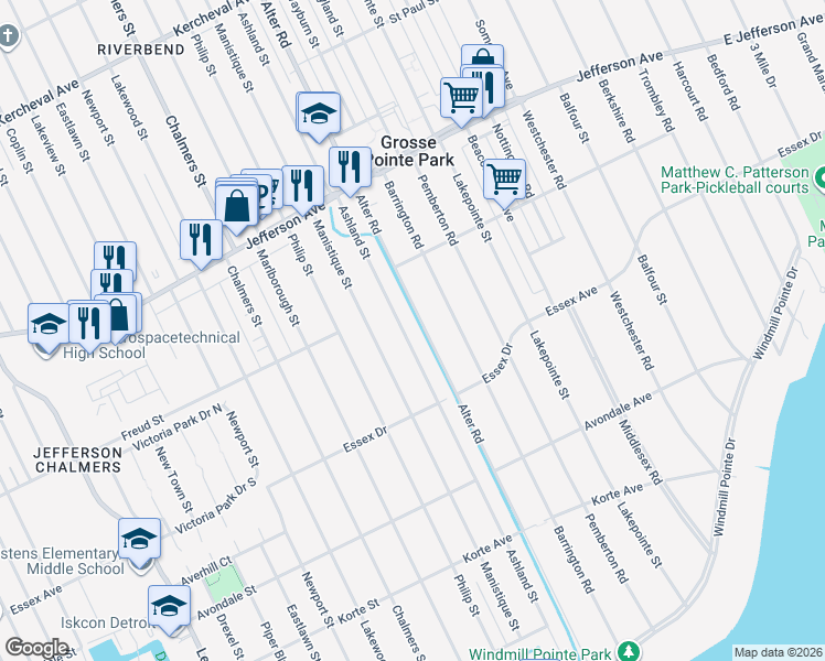 map of restaurants, bars, coffee shops, grocery stores, and more near 614 Alter Road in Detroit