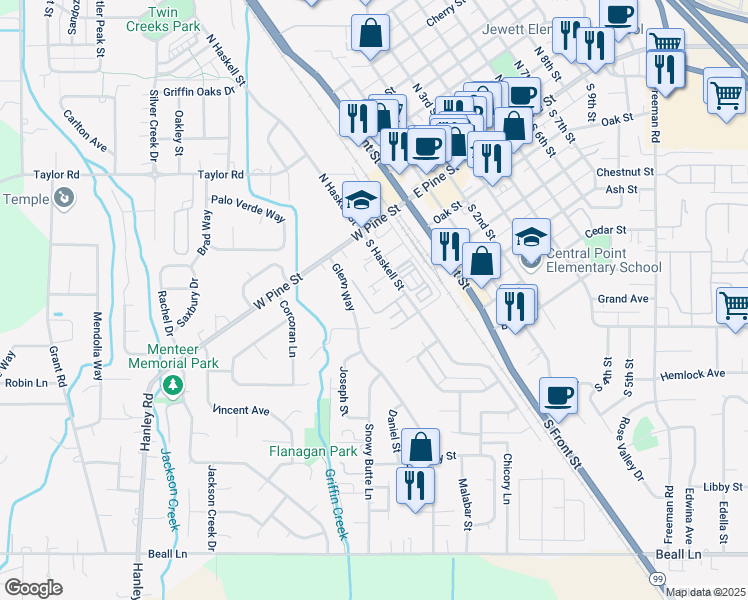 map of restaurants, bars, coffee shops, grocery stores, and more near 157 Casey Way in Central Point
