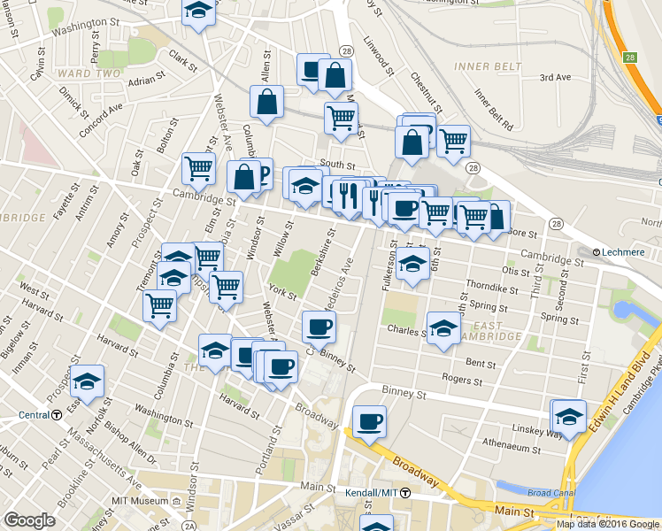 map of restaurants, bars, coffee shops, grocery stores, and more near 365 Cardinal Medeiros Avenue in Cambridge