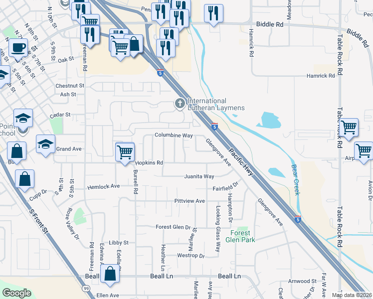 map of restaurants, bars, coffee shops, grocery stores, and more near 546 Village Drive in Central Point